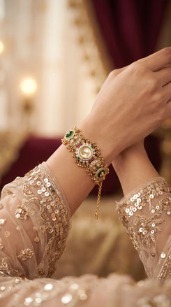Green, Red and White Ornate Floral CZ Enamel Watch for Women, detail, Cunei India