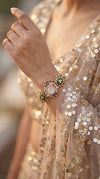 Green, Red and White Ornate Stone CZ Crystal Watch for Women, detail, Cunei India