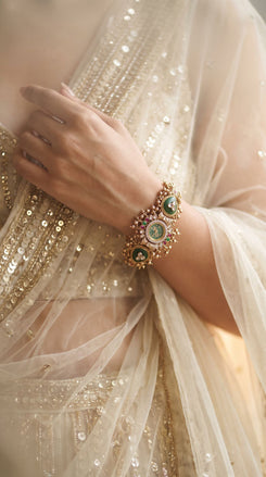 Green, Red and White Three-Tiered CZ Kundan Enamel Watch for Women, detail, Cunei India