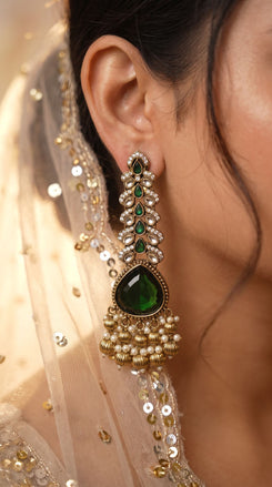 Green Teardrop with Pearl Leaf Earrings product photo, Cunei India
