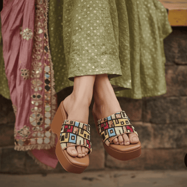 Brown Boho Hand-Embroidered Wedges for Women - Image 1 - Cunei India