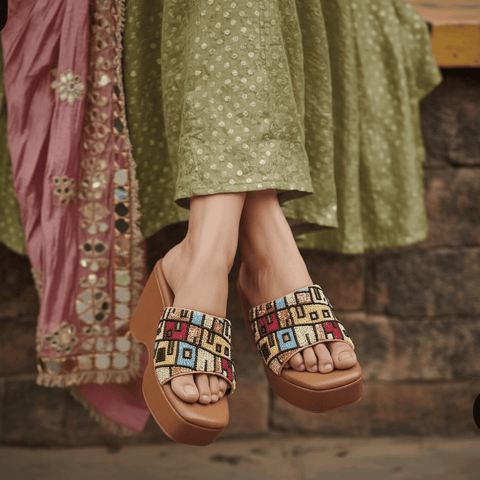 Brown Boho Hand-Embroidered Wedges for Women - Image 1 - Cunei India