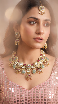 Heritage Green Red Stones Necklace Set - view 3