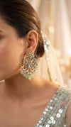 Kundan and Pearl Drop Dangle Earring with Mint Stones side view, Cunei India