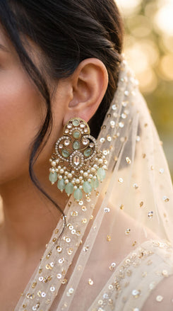 Kundan and Pearl Drop Dangle Earring with Mint Stones product photo, Cunei India