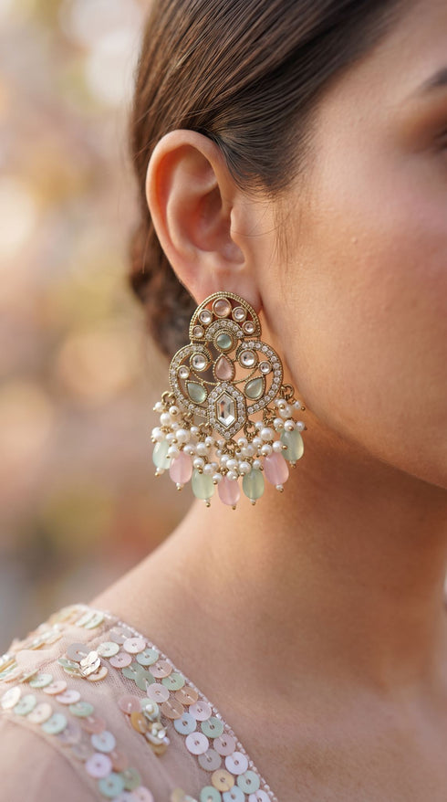 Kundan and Pearl Drop Dangle Earring with Pink and Mint Stones for women, Cunei India