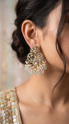 Kundan and Pearl Drop Dangle Earring with Pink and Mint Stones side view, Cunei India