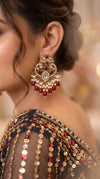 Kundan and Pearl Drop Dangle Earring with Red Stones side view, Cunei India