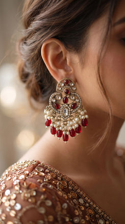 Kundan and Pearl Drop Dangle Earring with Red Stones product photo, Cunei India