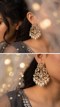 Kundan and Pearl Drop Dangle Earring with White Stones side view, Cunei India