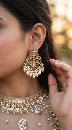 Kundan and Pearl Drop Dangle Earring with White Stones product photo, Cunei India