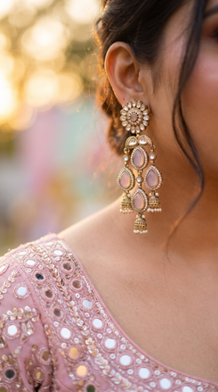 Lavender and Clear Kundan Cascading Dangling Earrings detail, Cunei India