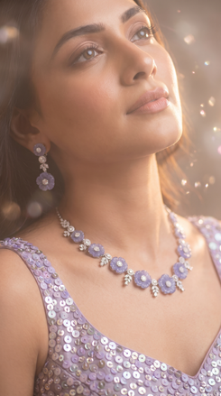 Lavender and White Floral Cz Necklace Set side view, Cunei India