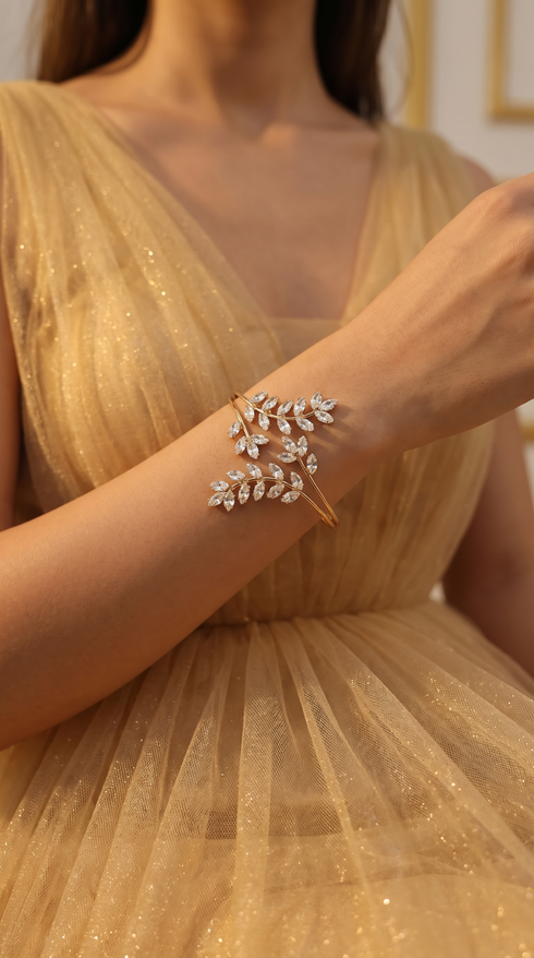 Leafy Crystal Cuff Bracelet for Women - Party & Wedding Wear