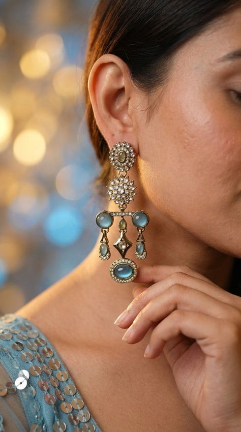 Light Blue Rama Floral Diamond Dangling Earrings for women, Cunei India