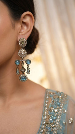 Light Blue Rama Floral Diamond Dangling Earrings side view, Cunei India