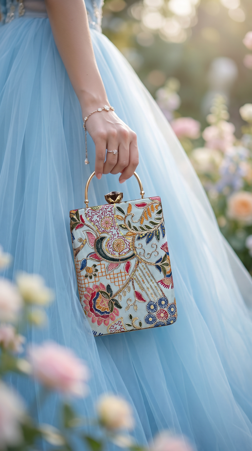 Light Blue Patchwork Rectangular Box Clutch