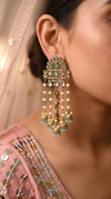 Light Blue and White Pearl Cascading Hanging Earrings side view, Cunei India