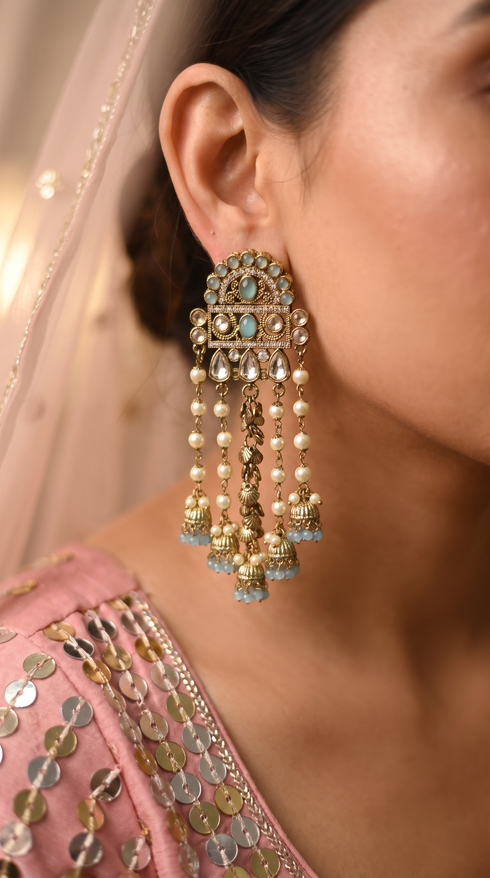 Light Blue and White Pearl Cascading Hanging Earrings side view, Cunei India