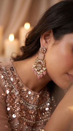 Light Pink Kundan Drop Dangling Earrings side view, Cunei India