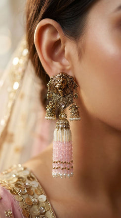 Light Pink Royal Lion Jhumka Dangling Earrings product photo, Cunei India