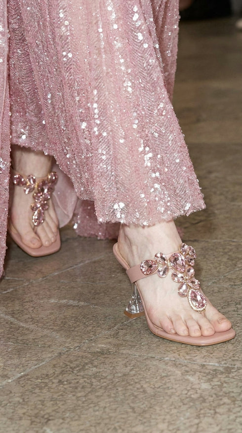 Light Pink Stone T-Strap Heels for Women - Party & Wedding Wear