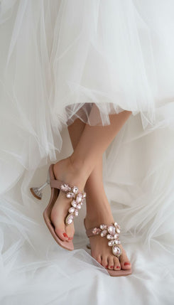 Light Pink Stone T-Strap Heels for Women - Party & Wedding Wear - view 4