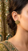 Lime Green and White Pearl Floral Stud Earrings side view, Cunei India