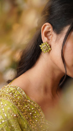 Lime Green and White Pearl Floral Stud Earrings product photo, Cunei India