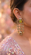 Lime Yellow and White Pearl Cascading Jhumka Earrings side view, Cunei India