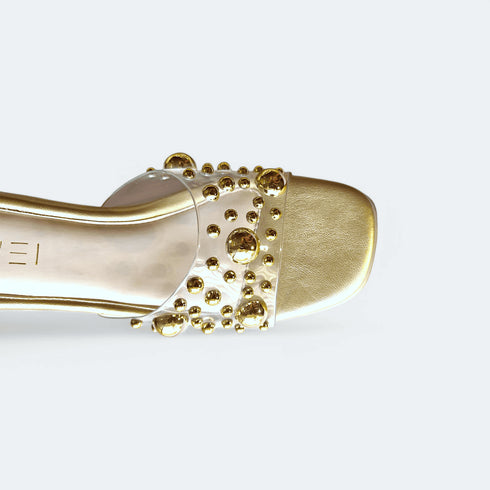 Luxurious Gold Studded Transparent Strap Wedges โ Womenโs