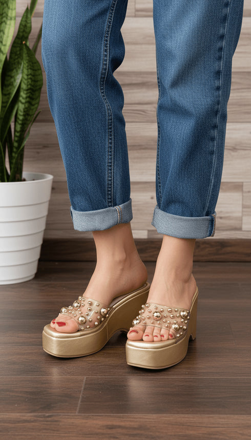 Luxurious Gold Studded Transparent Strap Wedges โ Womenโs Fashion - cunei