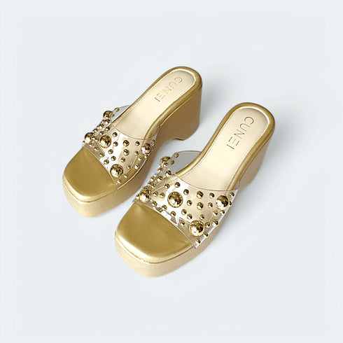 Luxurious Gold Studded Transparent Strap Wedges โ Womenโs