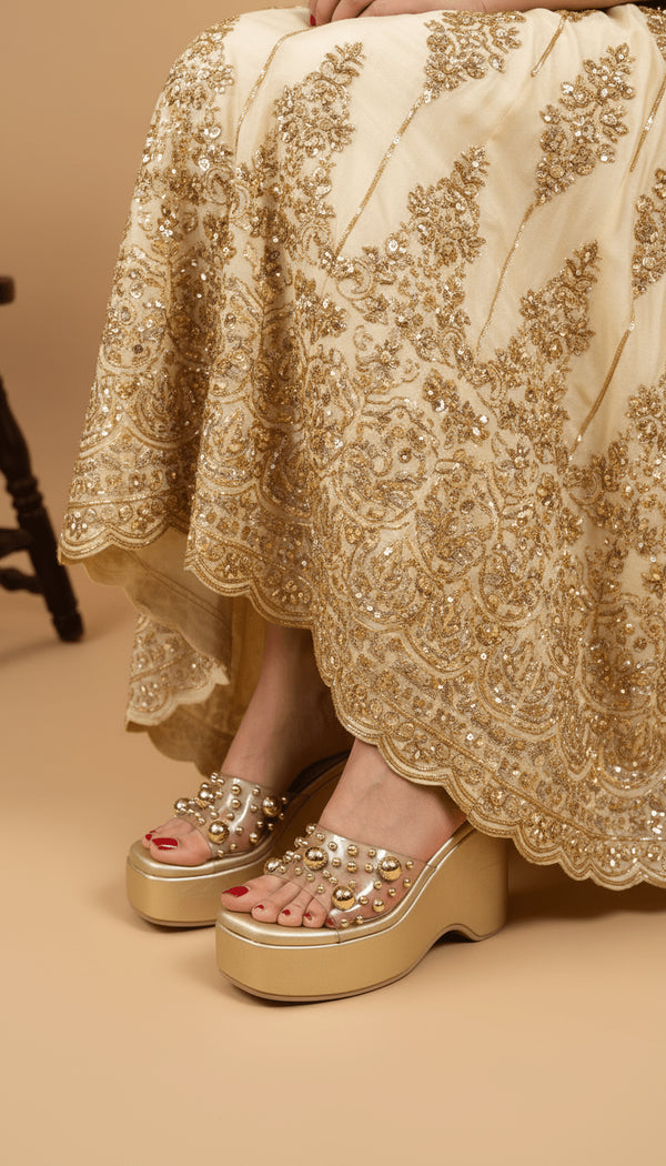 Luxurious Gold Studded Transparent Strap Wedges β Womenβs Fashion - cunei