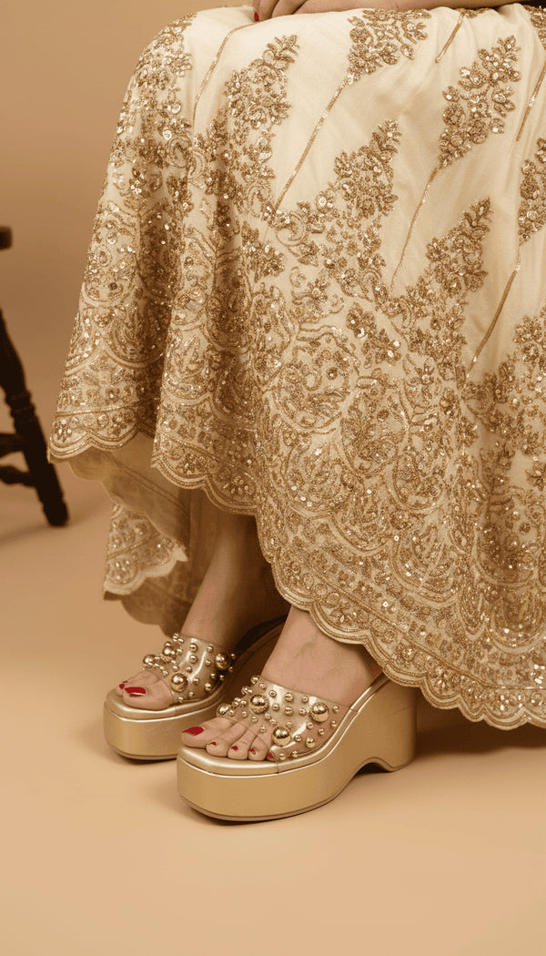 Luxurious Gold Studded Transparent Strap Wedges – Women’s Fashion - cunei