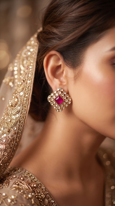Magenta Kundan Stud Earrings for Women