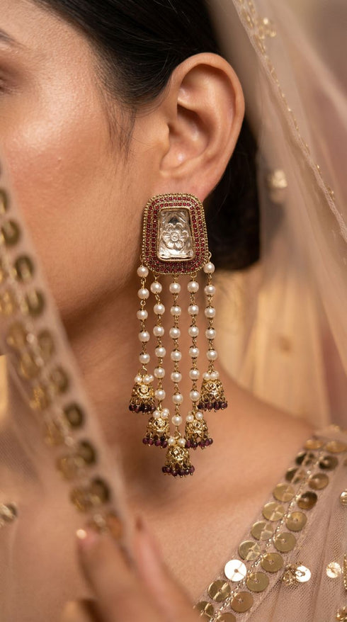 Maroon cascading pearl strand jhumkas for women, Cunei India
