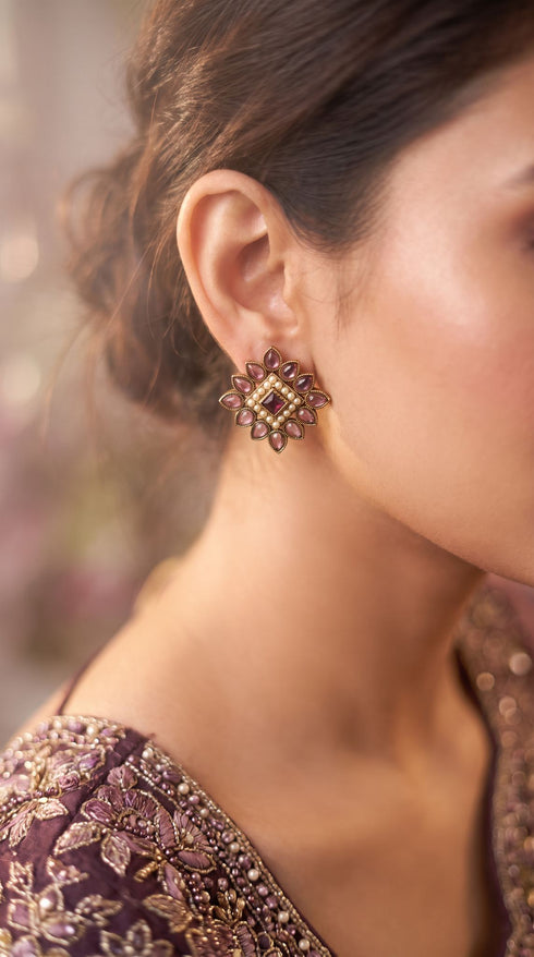 Maroon and Lavender Pearl Floral Stud Earrings side view, Cunei India
