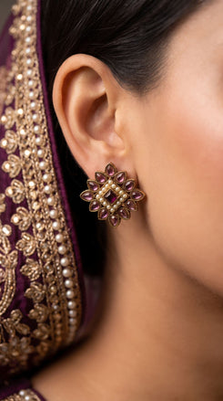 Maroon and Lavender Pearl Floral Stud Earrings product photo, Cunei India
