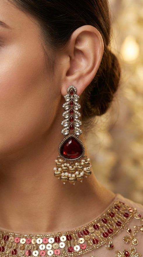 Maroon Teardrop with Pearl Leaf Earrings for women, Cunei India