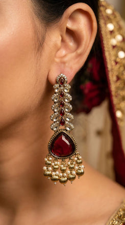 Maroon Teardrop with Pearl Leaf Earrings side view, Cunei India