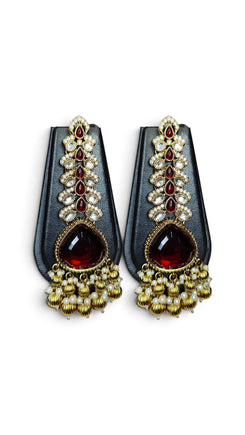 Maroon Teardrop with Pearl Leaf Earrings detail, Cunei India