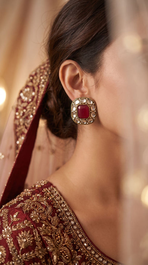 Maroon and White Kundan Square Stud Earrings product photo, Cunei India