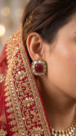 Maroon and White Kundan Square Stud Earrings detail, Cunei India