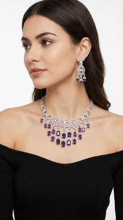 Mauve Cascading Necklace Earrings Set for Women - Party & Wedding Wear - view 2
