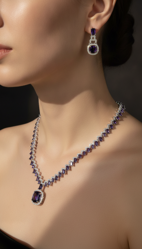Mauve Square Necklace Earrings Set for Women - Party & Wedding Wear