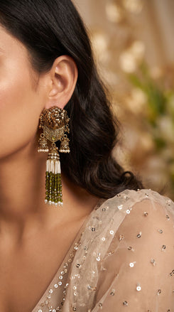 Mehendi Green Royal Lion Jhumka Dangling Earrings side view, Cunei India