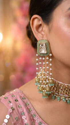 Mint pearl jhumkas side view, Cunei India