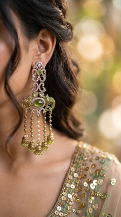 Mint Green Ganesha Elephant Dangling Earrings side view, Cunei India