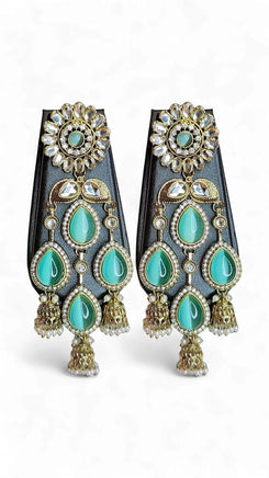 Mint Green and Gold Kundan Cascading Dangling Earrings for women, Cunei India